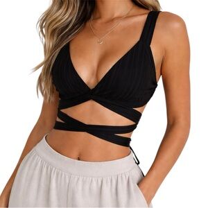 NEW Third Form Black Ribbed Wrap Crop Top Tie Waist US 2 Luxury Resortwear